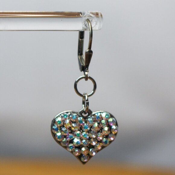 Earrings MARKED 925 STERLING SILVER Pierced Dangle Leverback Heart Rhinestone - Picture 9 of 12
